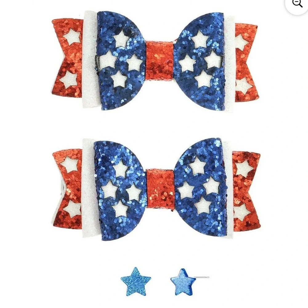 Patriotic Hair Bow & Star Earrings Set | Red White Blue Glitter